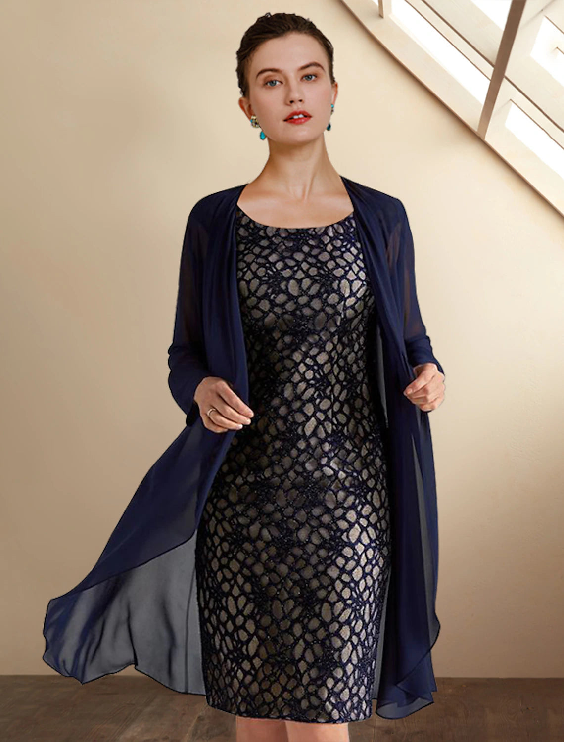 Update With Cottagecore Styles Two Piece Sheath / Column Mother of the Bride Dress Church Elegant Jewel Neck Knee Length Chiffon Lace Short Sleeve Jacket Dresses with Appliques