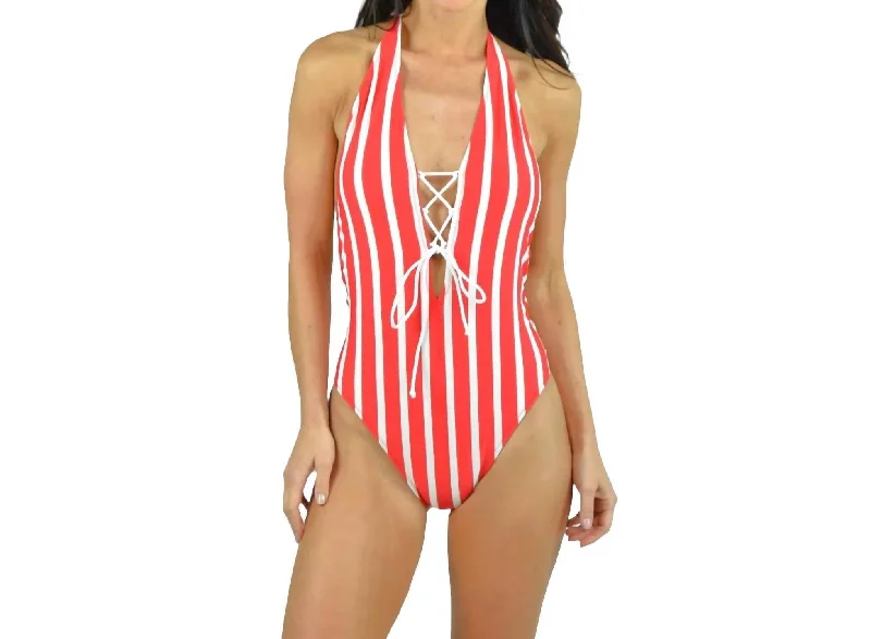 Women's Contemporary Apparel Stripe Laced Front Halter One Piece Swimsuit In Red/ivory