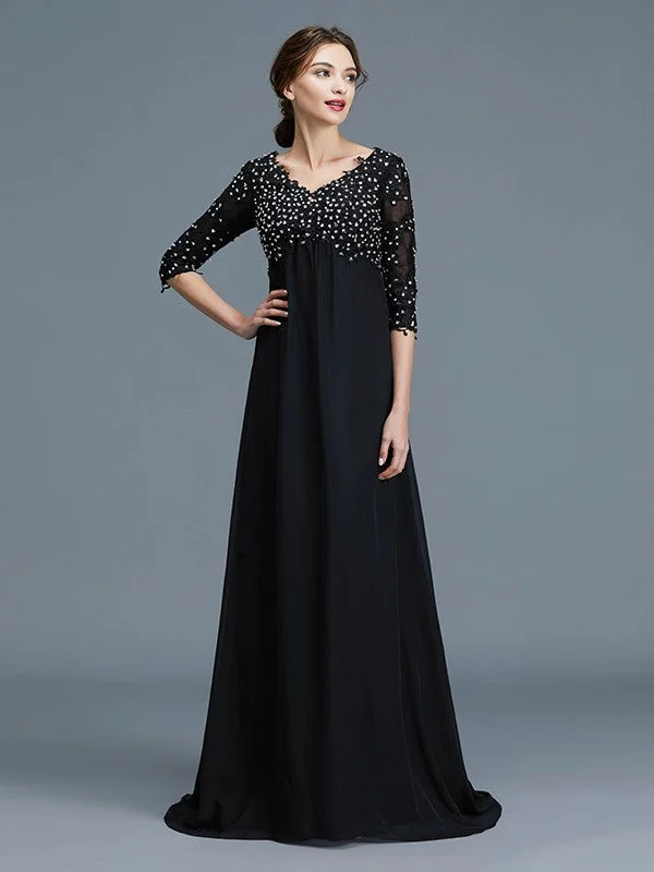 Polished Finish A-Line/Princess V-neck 1/2 Sleeves Beading Chiffon Floor-Length Mother of the Bride Dresses