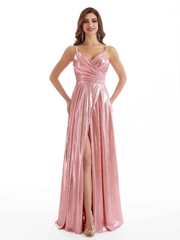 Women Wear Brands Sexy Mermaid Pleated Side Slit Women's Liquid Metallic Dresses Online Women Wear Brands Sexy Mermaid Pleated Side Slit Women's Liquid Metallic Dresses Online