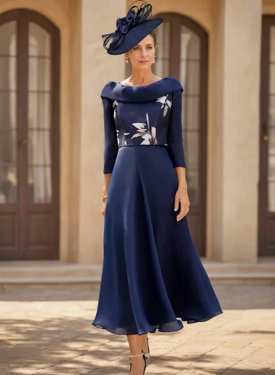 Clothes For Woman A-Line Mother of the Bride Dress Vintage Bateau Neck Ankle Length Chiffon 3/4 Length Sleeve with Flower Solid Color Clothes For Woman A-Line Mother of the Bride Dress Vintage Bateau Neck Ankle Length Chiffon 3/4 Length Sleeve with Flower Solid Color