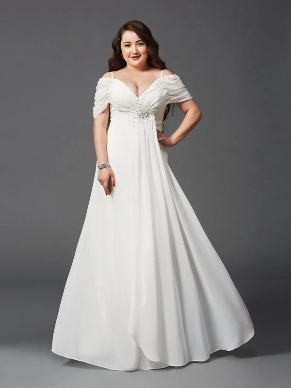 Women's Resort Attire A-Line/Princess Off-the-Shoulder Ruched Short Sleeves Long Chiffon Plus Size Dresses