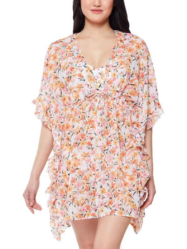 Women's Resort Attire Womens Floral Sheer Caftan Swim Cover-Up