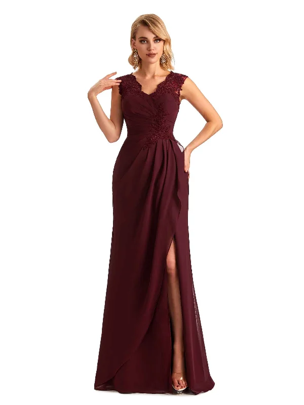 Style Upgrade Elegant Chiffon A-line Lace Straps Side Slit Long Mother of the Brides Dresses Style Upgrade Elegant Chiffon A-line Lace Straps Side Slit Long Mother of the Brides Dresses