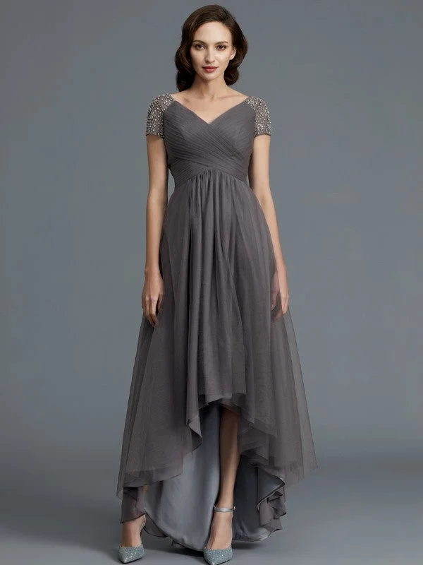 Women's Casual Wear Clothes A-Line/Princess V-neck Short Sleeves Asymmetrical Tulle Mother of the Bride Dresses Women's Casual Wear Clothes A-Line/Princess V-neck Short Sleeves Asymmetrical Tulle Mother of the Bride Dresses