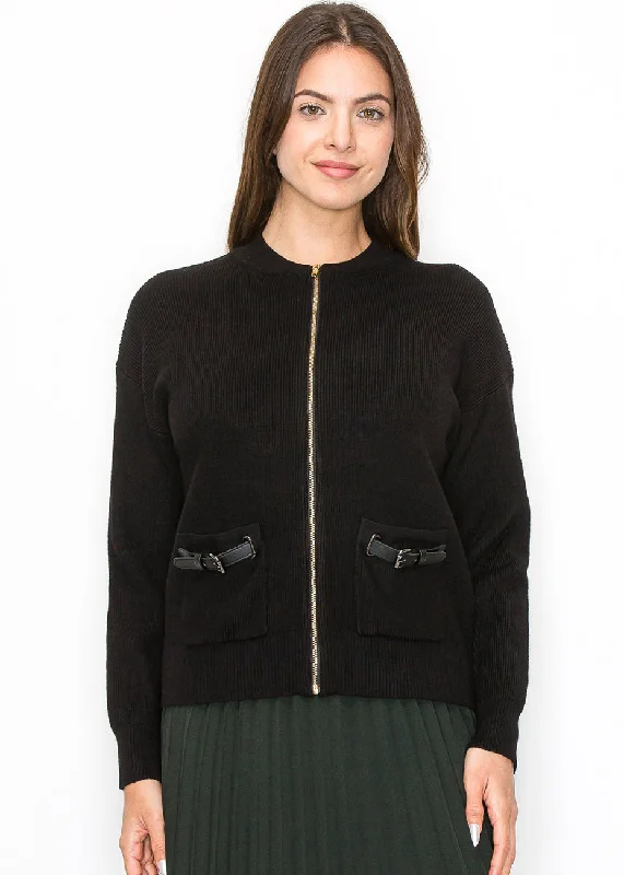 Women's Elegant Clothes Black Zip Cardigan with Pocket Detail