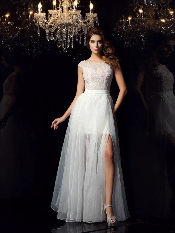 Outlet Clothing A-Line/Princess Scoop Beading Short Sleeves Long Tulle Dresses