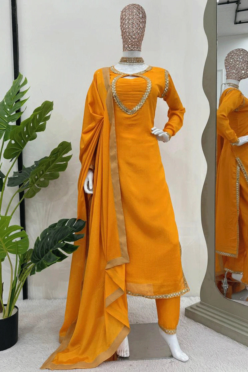 Father's Day Deals Chinon Silk Yellow Colour Dress For Haldi