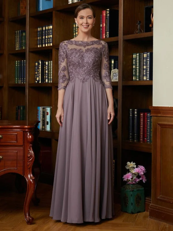 Women's Stylish Outdoor Outfit Mother of the Bride Dresses A-Line/Princess Chiffon Lace 3/4 Sleeves Floor-Length