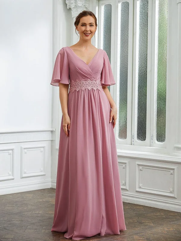 From Casual To Classy Mother of the Bride Dresses A-Line Chiffon Ruched V-neck 1/2 Sleeves Floor-Length From Casual To Classy Mother of the Bride Dresses A-Line Chiffon Ruched V-neck 1/2 Sleeves Floor-Length