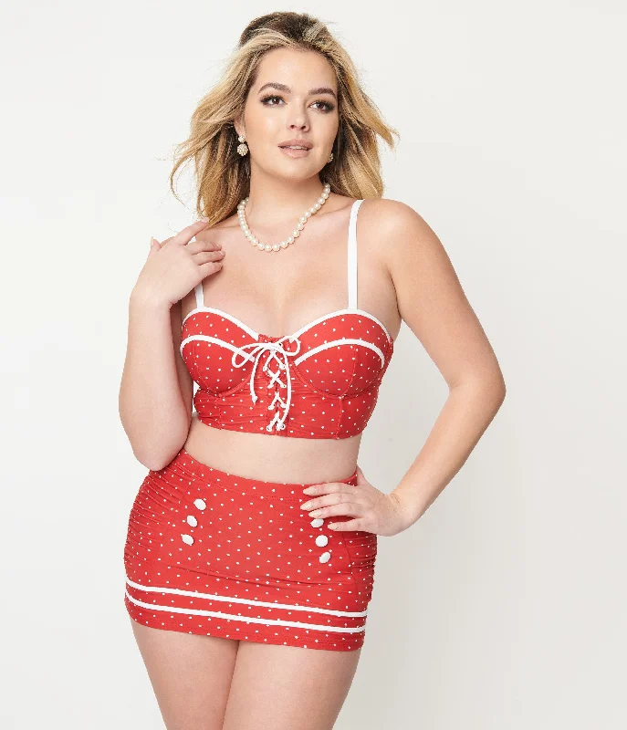 Women's Festive Attire Unique Vintage Red & White Pin Dot Sailor Swim Bottom