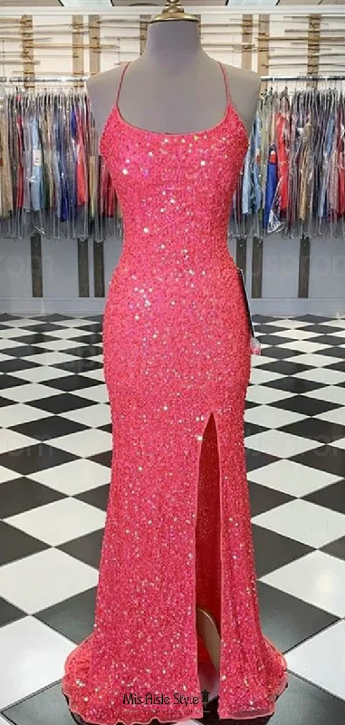 Effortless Grace Sexy Slit Fitted Coral Sparkle Pageant Dress