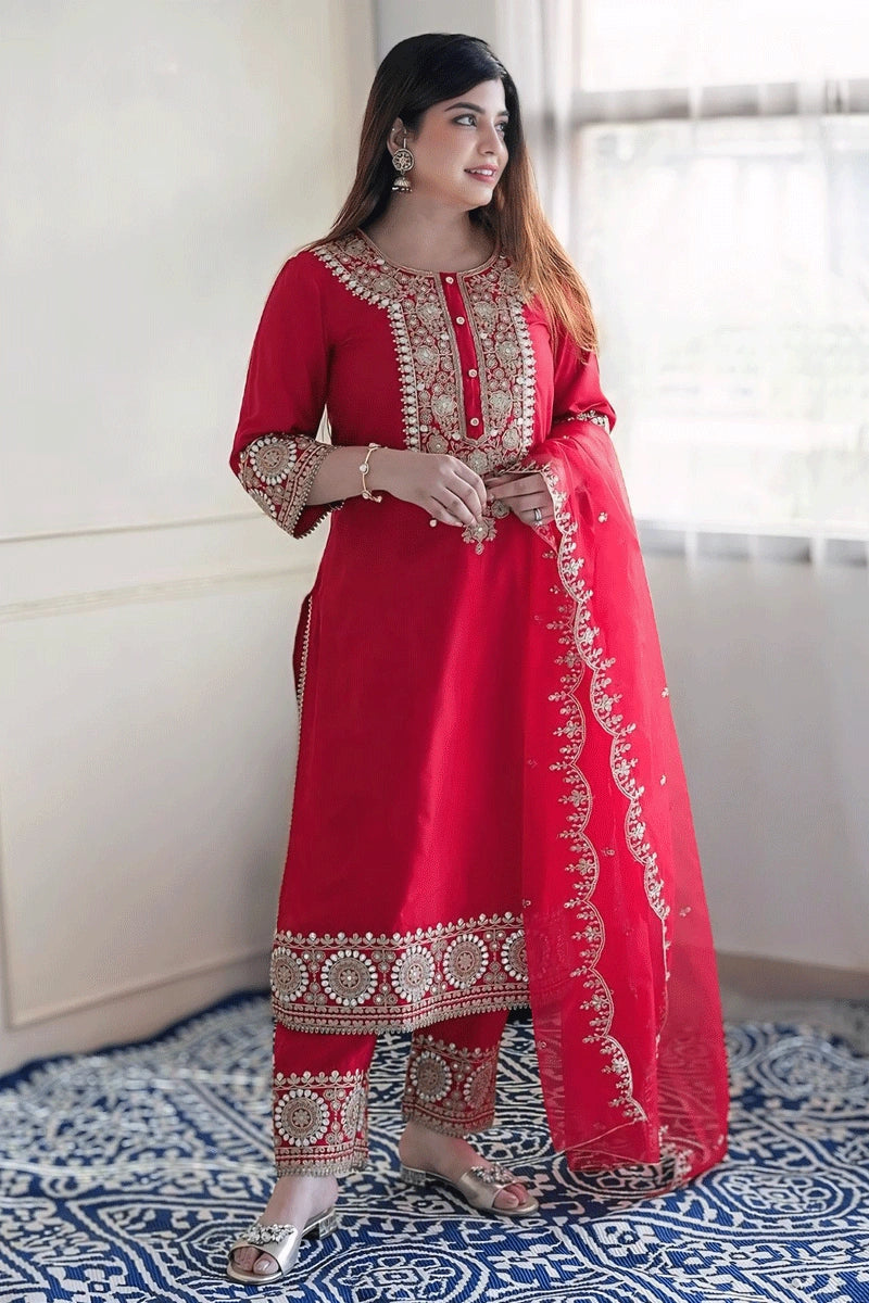 Innovate Your Wardrobe Chinnon Silk Red Colour Full Pair Dress For Karwa Chauth