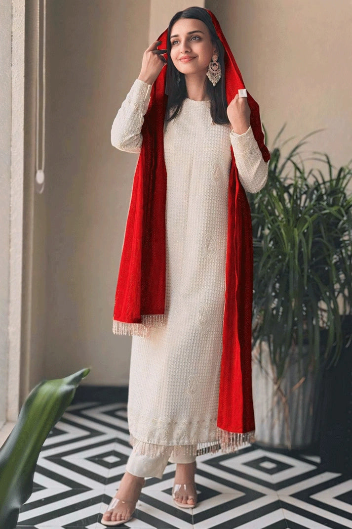 Style Upgrade Full Pair White Dress With Red Dupatta For Durga Puja