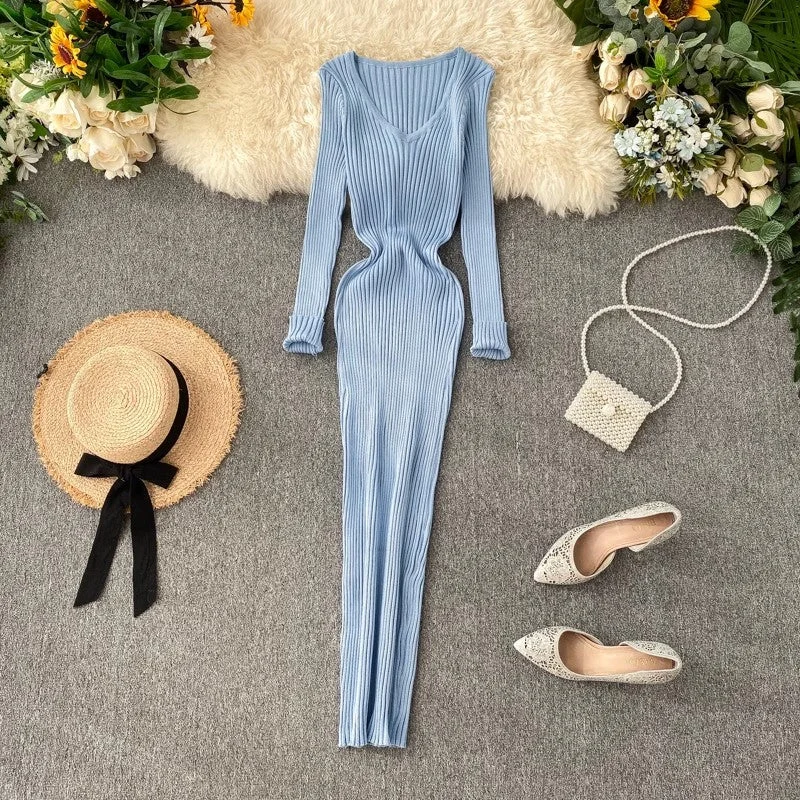 The Sale Everyone's Talking About Dress women's new simple solid color long-sleeved tight knitted mid-length skirt   S4530