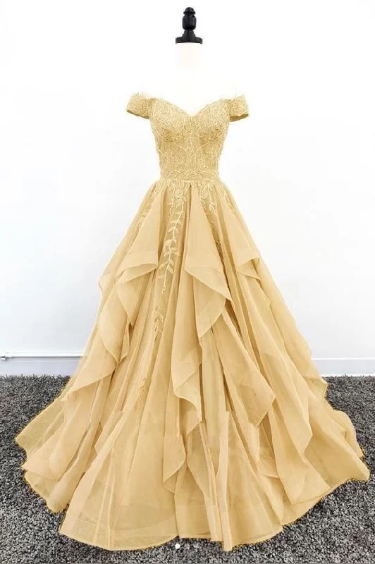 Women's Clothing YELLOW DRESSES OFF SHOULDER LACE UP BACK SWEEP TRAIN APPLIQUES S1810 Women's Clothing YELLOW DRESSES OFF SHOULDER LACE UP BACK SWEEP TRAIN APPLIQUES S1810