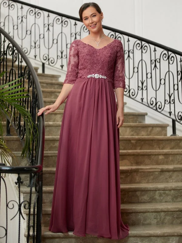 Woman Clothing A-Line/Princess Chiffon Lace V-neck 3/4 Sleeves Floor-Length Mother of the Bride Dresses