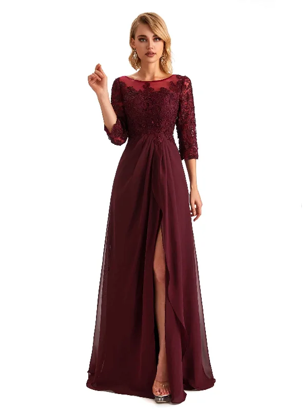 Trendy And Individual Women's Fashion Elegant Side Slit Chiffon 3/4 Sleeves A-line Long Mother of the Brides Dresses