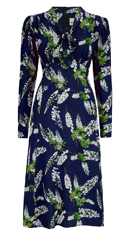 Feminine Allure Grace Bow Tie Dress in Navy Wisteria