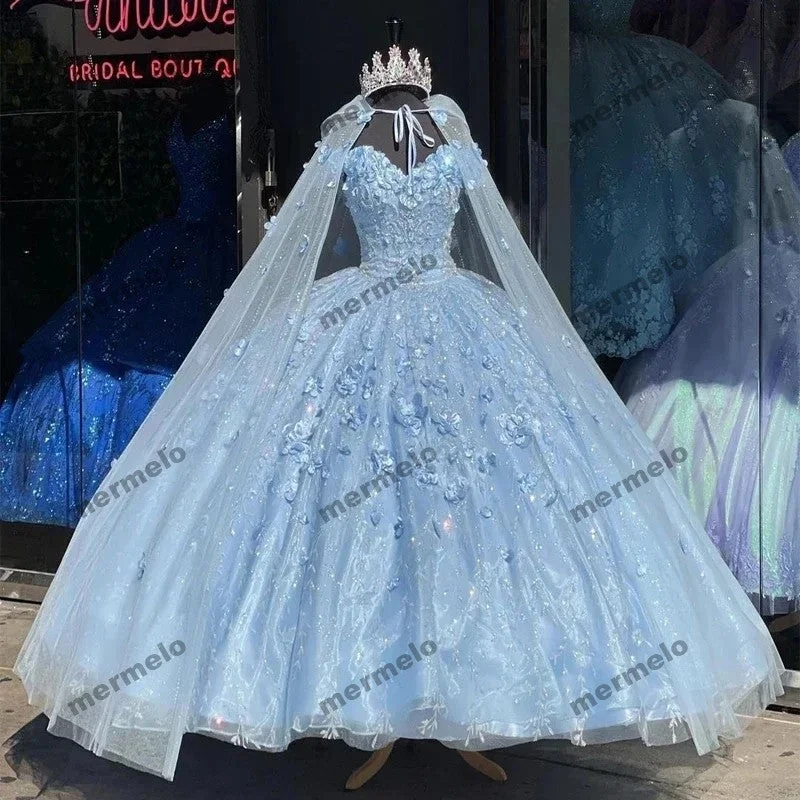 Online Boutiques Clothing Light Blue 3D Flower Off Shoulder Quinceanera Dresses With Cape Online Boutiques Clothing Light Blue 3D Flower Off Shoulder Quinceanera Dresses With Cape