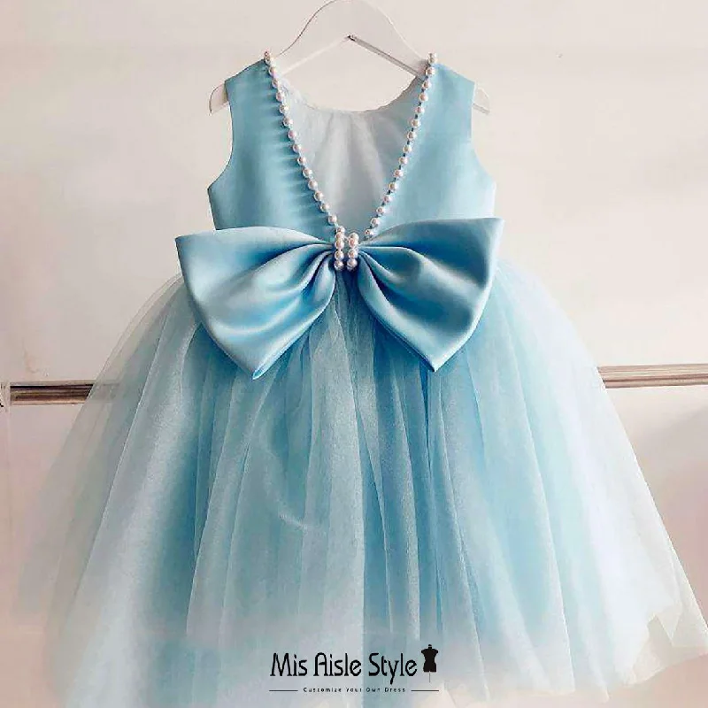 Flash Sale Fever Blue Tulle Skirt Flower Girl Dress With Bow at Back