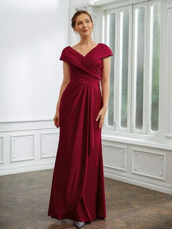 Feminine Soft - Hued Look Sheath/Column Jersey Ruched V-neck Short Sleeves Floor-Length Mother of the Bride Dresses