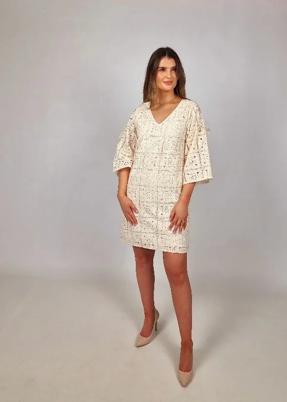 Women's Elegant Clothing Sets Van-Dos Cream Crochet Dress