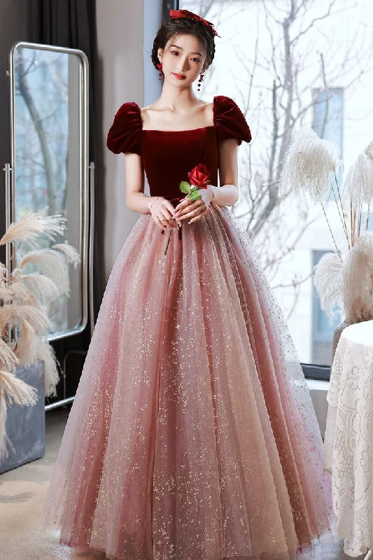 Wardrobe Update Burgundy Velvet Cap Sleeves Tulle Long Princess Dress           S3008