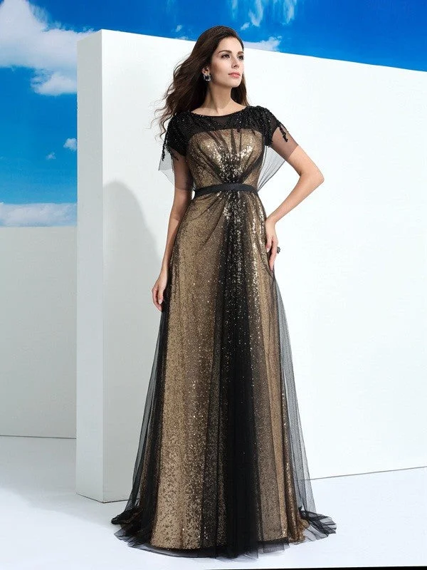 Women's Stylish Outerwear A-Line/Princess Sheer Neck Paillette Short Sleeves Long Net Dresses Women's Stylish Outerwear A-Line/Princess Sheer Neck Paillette Short Sleeves Long Net Dresses