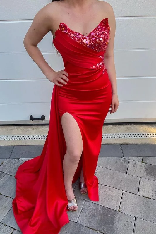 Elegant Ensemble Red Sweetheart Long Mermaid Sequins Dress Split With Ruffles S3870 Elegant Ensemble Red Sweetheart Long Mermaid Sequins Dress Split With Ruffles S3870