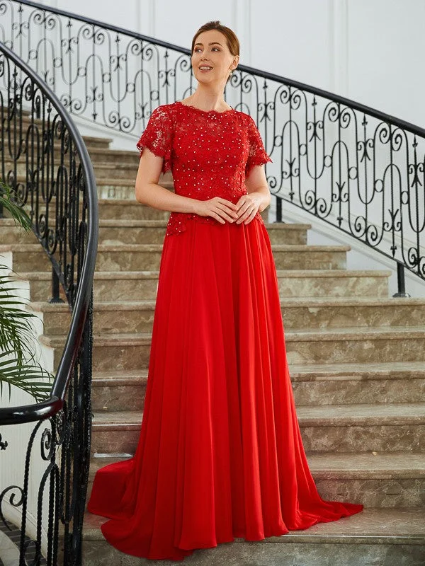 The Epitome Of Modern Women's Fashion A-Line/Princess Chiffon Applique Scoop Short Sleeves Sweep/Brush Train Mother of the Bride Dresses