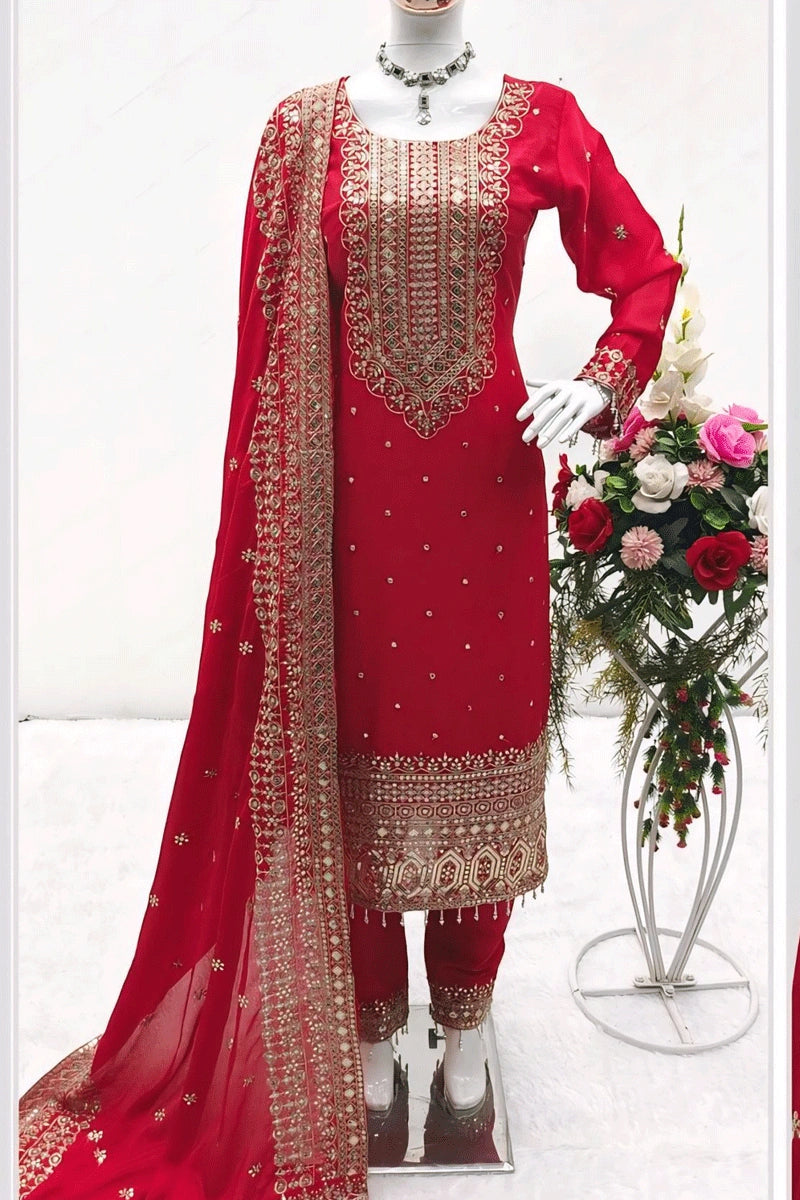 Sophisticated Style Embroidery Work Red Dress For Karwa Chauth