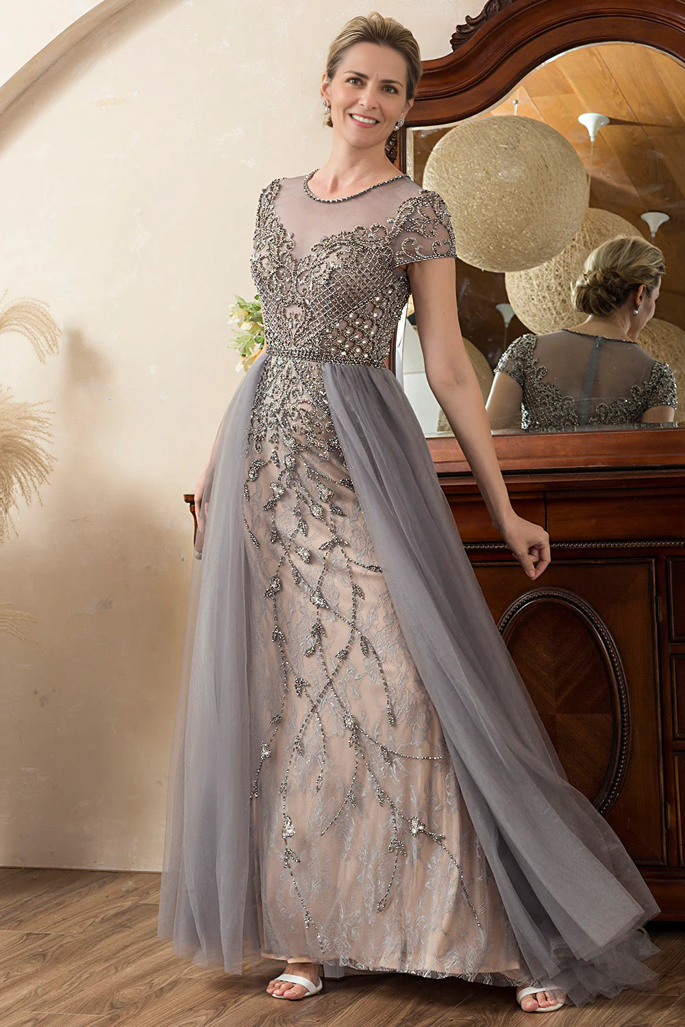 Trend Setting Wardrobe Dark Grey A Line Tulle Beaded Glitter Mother of Bride Dress