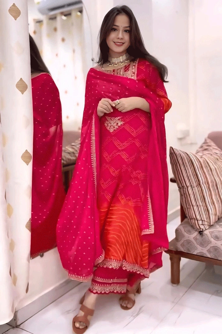 Women's Trendy Apparel Real Mirror Work Pink Red Dress For Karwa Chauth