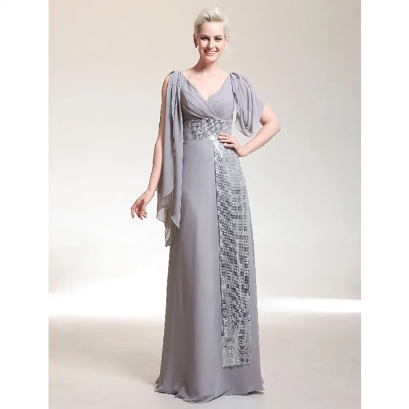 Women's Fashion-Forward Apparel Sheath / Column Celebrity Style Dress Formal Evening Floor Length Short Sleeve V Neck Chiffon with Criss Cross Beading Women's Fashion-Forward Apparel Sheath / Column Celebrity Style Dress Formal Evening Floor Length Short Sleeve V Neck Chiffon with Criss Cross Beading