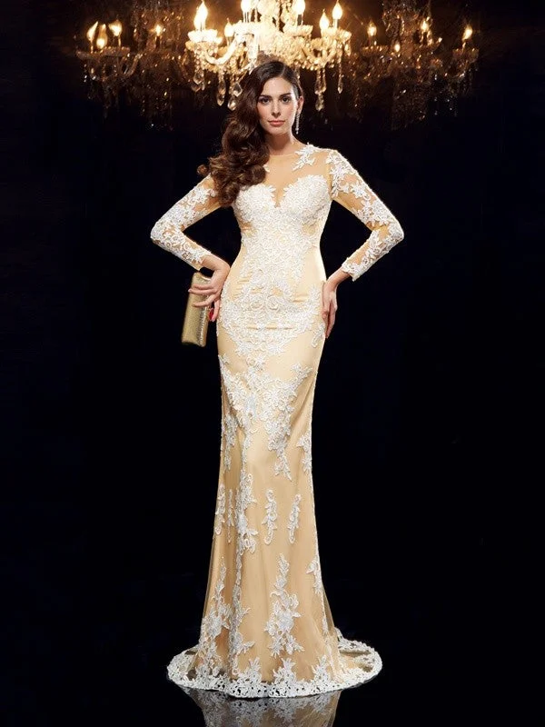 Style Revolution Sheath/Column Sheer Neck Applique 3/4 Sleeves Long Net Dresses