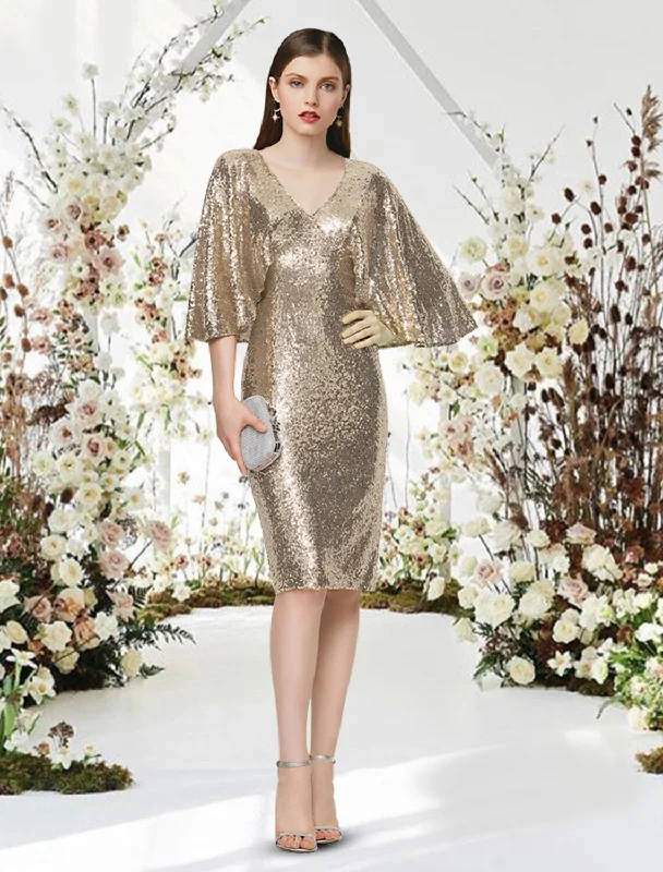 Sustainable Women's Clothing Sheath / Column Cocktail Dresses Glittering Dress Graduation Knee Length Half Sleeve V Neck Sequined with Sleek Sustainable Women's Clothing Sheath / Column Cocktail Dresses Glittering Dress Graduation Knee Length Half Sleeve V Neck Sequined with Sleek