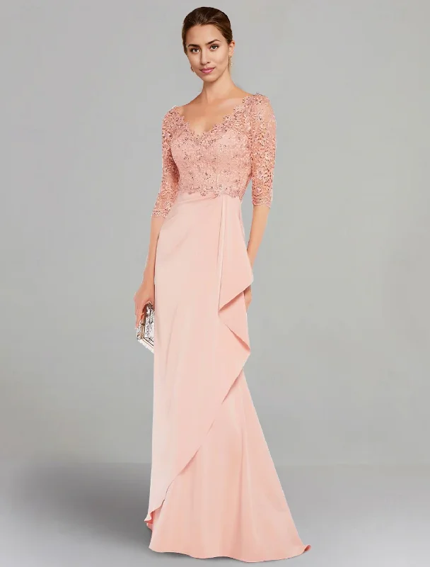 Classic Women's Apparel Mother of the Bride Dress Elegant V Neck Floor Length Stretch Chiffon Sleeve with Lace Pleats