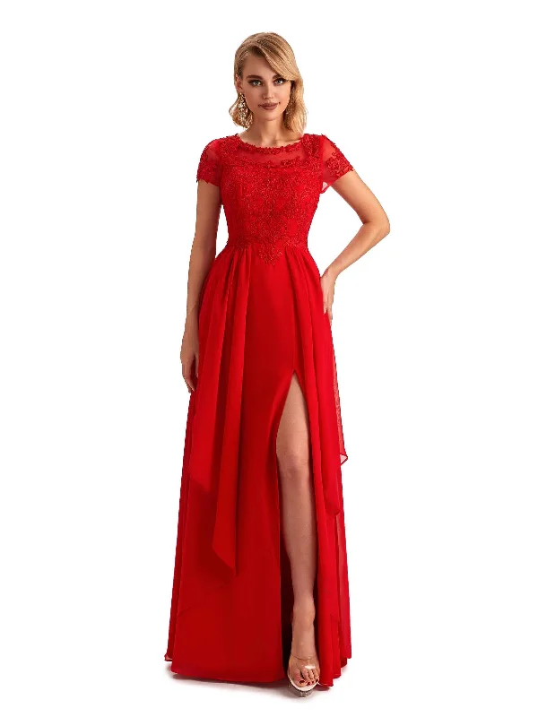 Stylish Savings Elegant Short Sleeves Jewel Side Slit Chiffon Lace A-line Long Mother of the Groom Dresses Stylish Savings Elegant Short Sleeves Jewel Side Slit Chiffon Lace A-line Long Mother of the Groom Dresses