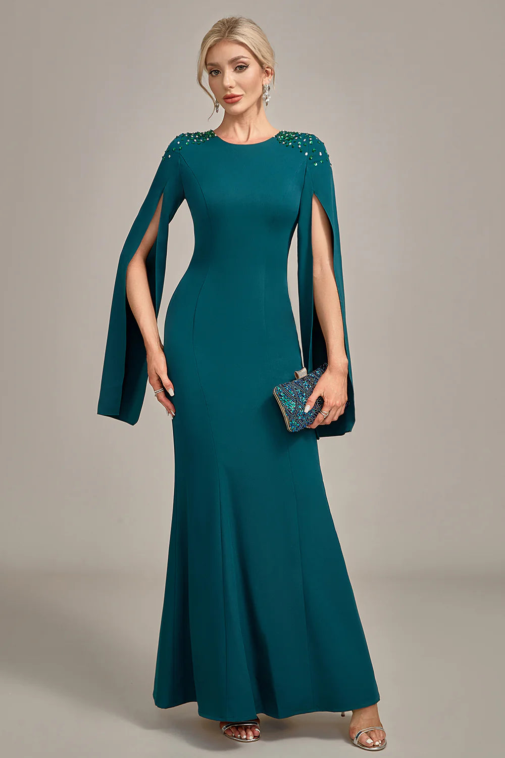 High-Fashion Women's Clothing Glitter Dark Green Mermaid Round Neck Mother of the Bride Dress