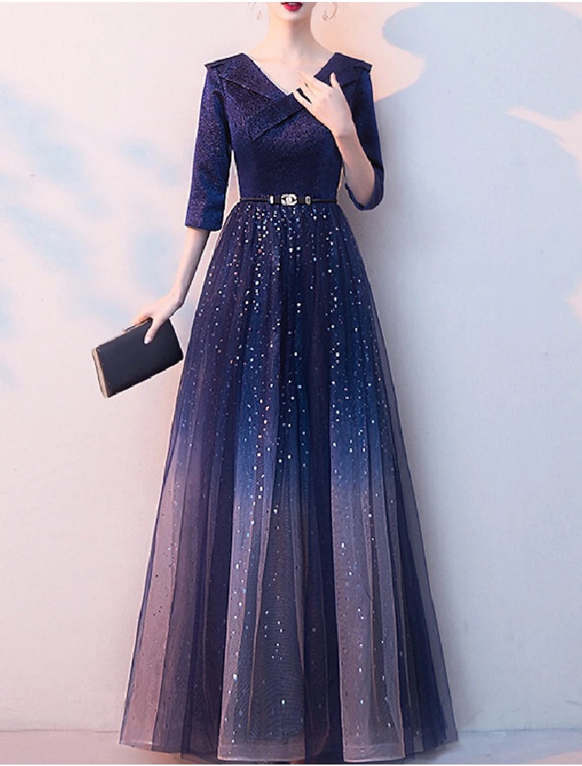 Women's Functional Outfit For Outdoor Activities A-Line Mother of the Bride Dress Elegant Sparkle & Shine V Neck Floor Length Tulle Half Sleeve with Sash / Ribbon Sequin