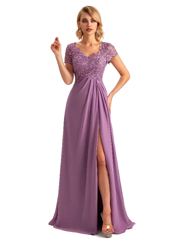 Chic Allure Elegant Side Slit Chiffon Short Sleeves A-line Long Mother of the Brides Dresses Chic Allure Elegant Side Slit Chiffon Short Sleeves A-line Long Mother of the Brides Dresses