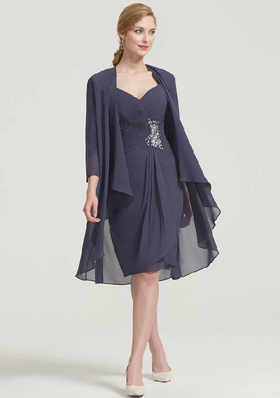Women's Travel Attire Sheath/Column Scalloped Neck 3/4 Sleeve Knee-Length Chiffon Mother of the Bride Dress With Pleated Beading Appliqued Women's Travel Attire Sheath/Column Scalloped Neck 3/4 Sleeve Knee-Length Chiffon Mother of the Bride Dress With Pleated Beading Appliqued