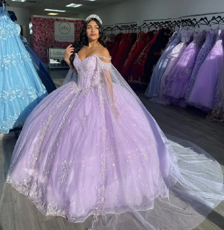 Fashion Essentials Cute Lilac Flowers Princess Quinceanera Dresses With Detached Cape Beads Crystal Sweet 16 Dress Vestido De 15 Años Prom Fashion Essentials Cute Lilac Flowers Princess Quinceanera Dresses With Detached Cape Beads Crystal Sweet 16 Dress Vestido De 15 Años Prom