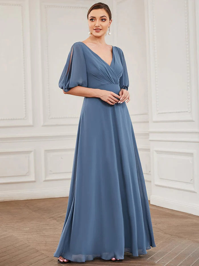 Women's Comfortable Garments Pleated V-Neck Split Sleeve Chiffon Mother of the Bride Dress Women's Comfortable Garments Pleated V-Neck Split Sleeve Chiffon Mother of the Bride Dress