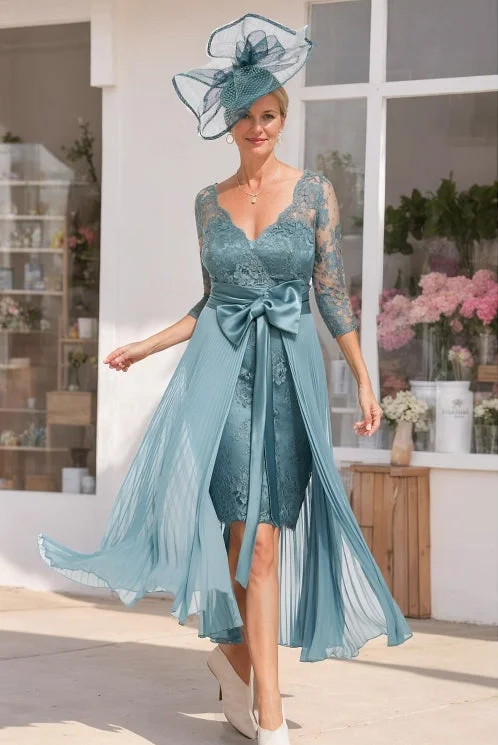Women's Vintage Attire Two Piece Mother of the Bride Dress Elegant detachable V Neck Knee Length Chiffon Lace 3/4 Length Sleeve with Bow(s) Women's Vintage Attire Two Piece Mother of the Bride Dress Elegant detachable V Neck Knee Length Chiffon Lace 3/4 Length Sleeve with Bow(s)