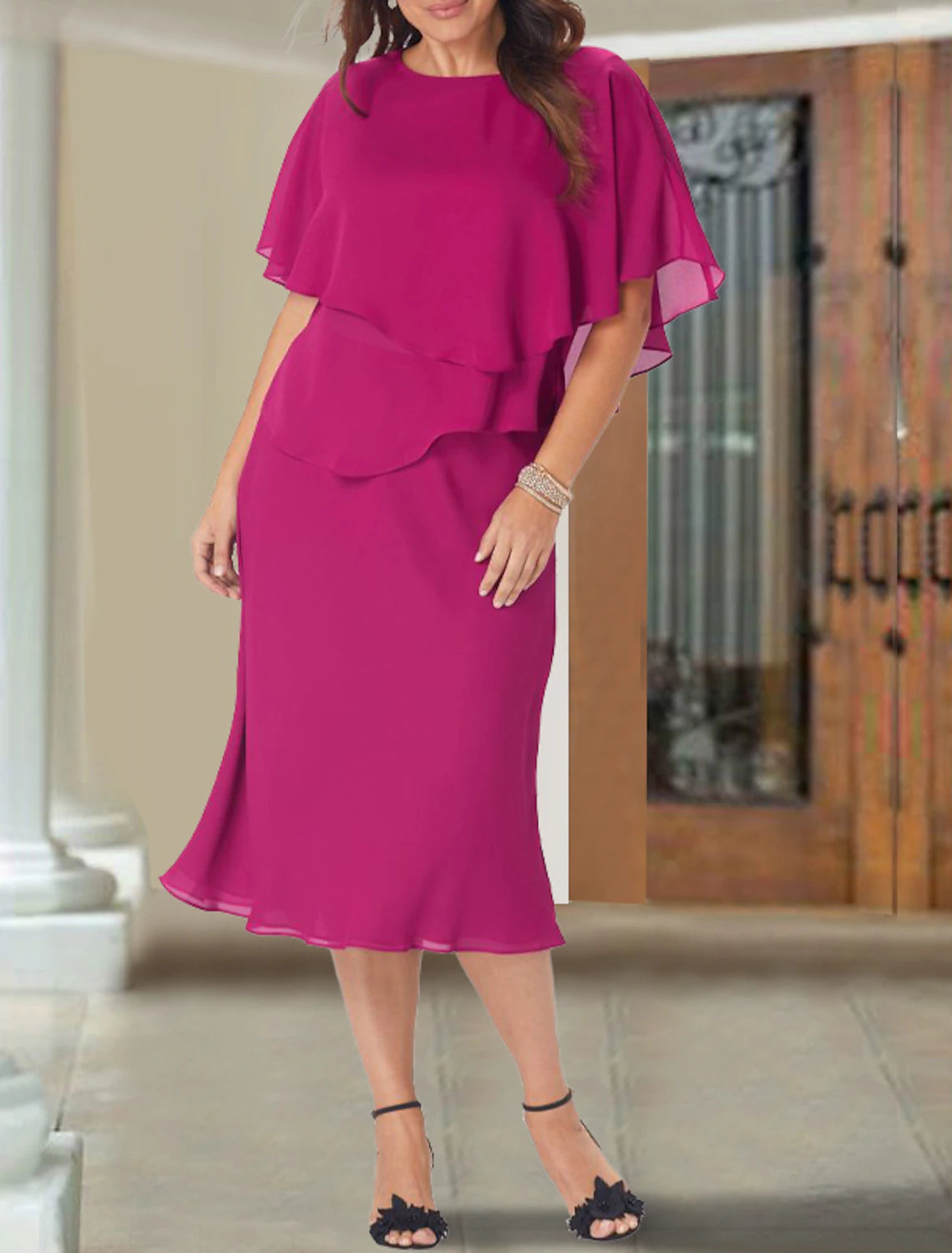 Chic & Cozy Collection A-Line Mother of the Bride Dress Elegant Plus Size Jewel Neck Tea Length Chiffon with Ruffles Chic & Cozy Collection A-Line Mother of the Bride Dress Elegant Plus Size Jewel Neck Tea Length Chiffon with Ruffles