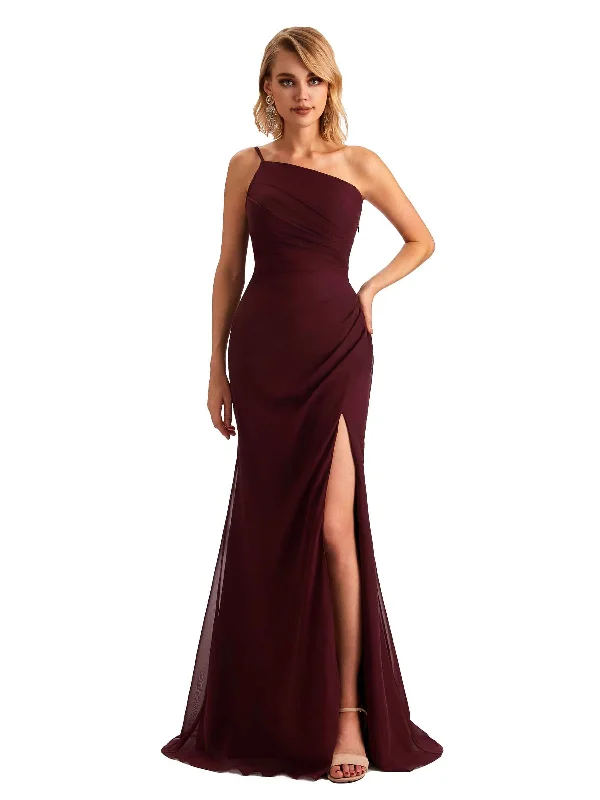 Dreamy Aesthetic Elegant Side Slit Chiffon One Shoulder Mermaid Long Mother of the Brides Dresses Dreamy Aesthetic Elegant Side Slit Chiffon One Shoulder Mermaid Long Mother of the Brides Dresses