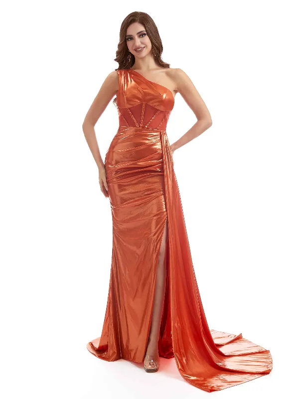 Discover Promotions Sexy Side Slit One Shoulder Sparkly Liquid Metallic Long Mermaid Dresses Online Discover Promotions Sexy Side Slit One Shoulder Sparkly Liquid Metallic Long Mermaid Dresses Online