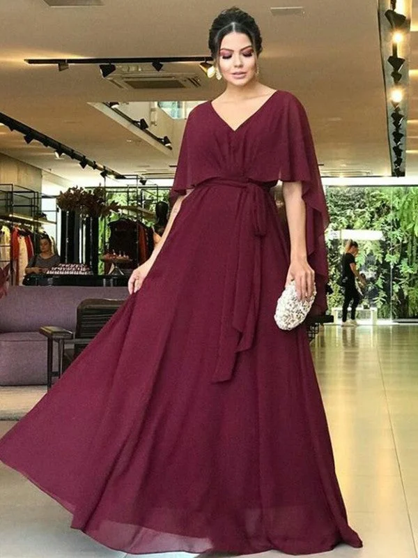 Versatile Women's Clothing for All Occasions A-Line/Princess Chiffon Sash/Ribbon/Belt V-neck Short Sleeves Floor-Length Mother of the Bride Dresses